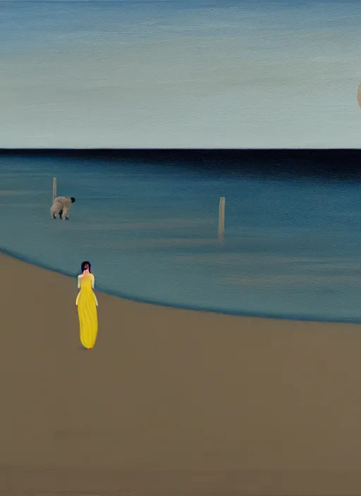 Prompt: a painting of a woman walking her dog at the beach, in the style of gertrude abercrombie, digital art