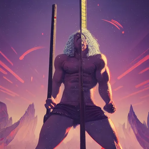 Prompt: shirtless blonde barbarian man lifting a magic sword toward the sky in front of a spaceship in sci-fi city intricate artwork by Tooth Wu and wlop and beeple and Dan Mumford and Frank Frazetta. Octane render, trending on artstation, greg rutkowski very coherent symmetrical artwork. Cinematic, hyper realism, high detail 8k