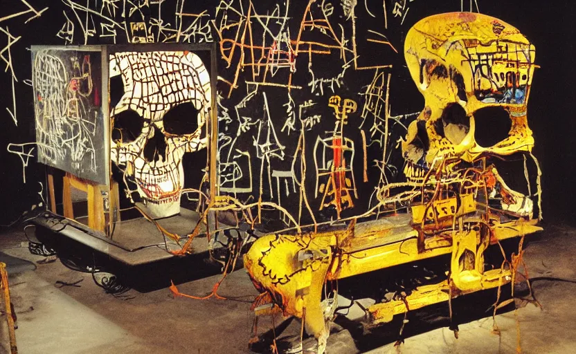 Image similar to photograph of a skull machine built by basquiat perfect composition masterpiece dramatic lighting