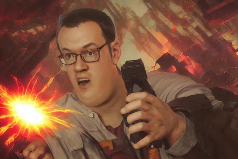 Prompt: portrait of james rolfe the angry video game nerd shooting demons with nes zapper, rule of thirds, league of legends splash art, path traced, enigmatic lighting, beige gradient, shinji aramaki, karol bak, alphonse mucha, colin searle, artstation, ray tracing, octane unreal engine 5, digital painting