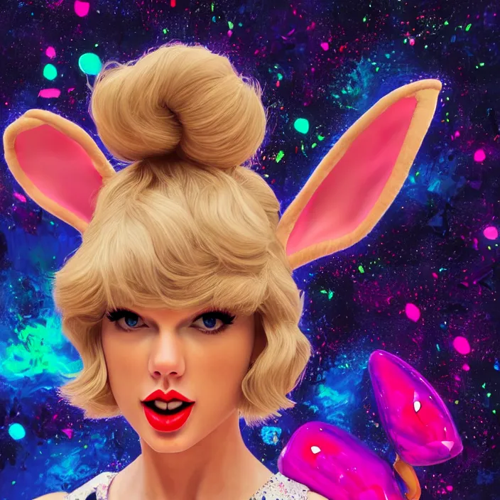 Prompt: portrait of Taylor Swift as LOLA BUNNY in SPACE JAM. HD, 4K. intricate abstract. intricate artwork. by Tooth Wu, wlop, beeple, dan mumford. octane render, trending on artstation, greg rutkowski very coherent symmetrical artwork. cinematic, hyper realism, high detail, octane render, 8k, iridescent accents, bunny ears