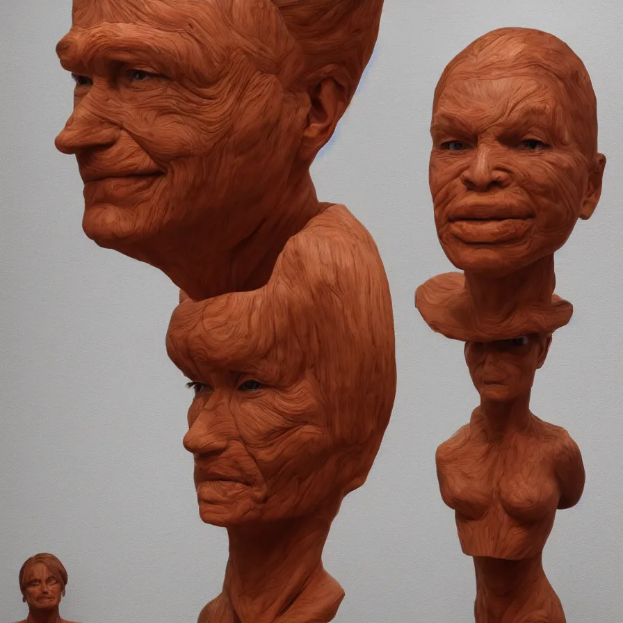 Image similar to realistic monumental sculpture portrait of a powerful stern woman, beautiful symmetrical face realistic proportions, carved out of a red oak wood on a pedestal by stephan balkenhol and duane hanson and martin puryear, hyperrealistic dramatic colored lighting trending on artstation 8 k