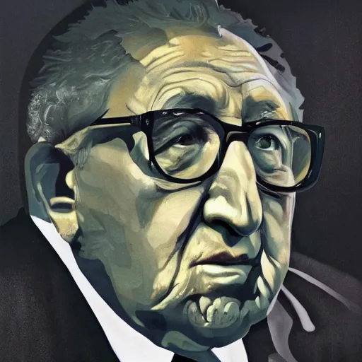 Prompt: a portrait of henry kissinger, hyper realistic, octane render, masterpiece portrait painting. dark, moody, black oil drips from his mouth and eyes, abstract brush strokes, inner glow.