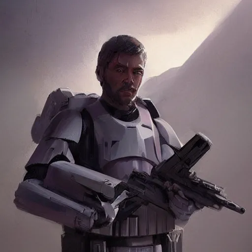 Image similar to concept art of a portrait by greg rutkowski, a soldier of the galactic dominion wearing gray and purple tactical gear, star wars expanded universe, smooth, sharp focus, artstation hq.