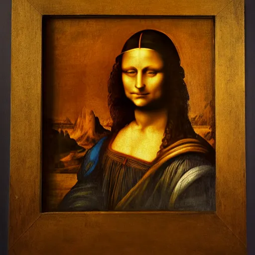 Image similar to Mona Lista painting a portrait of Leonardo Da Vinci