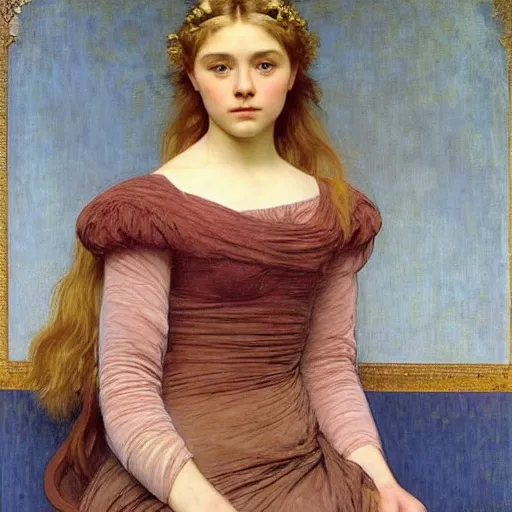 Prompt: a realistic face portrait of a teenage girl who looks lie Chloe Grace Moretz and Saoirse Ronan, wearing a nightgown, by Frederic Leighton, Alphonse Mucha, Edward Burne Jones