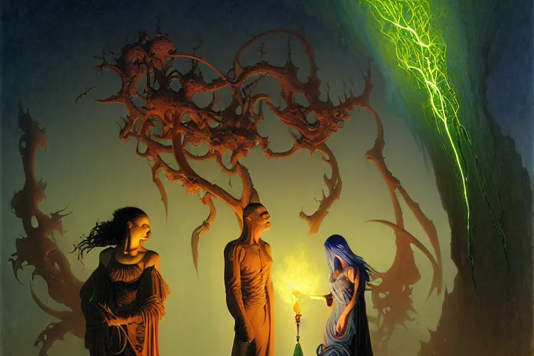 Prompt: the female arcanist and the male artificer by zacharias aagaard and albert bierstadt and gerald brom and zdzisław beksinski and james gilleard and wayne barlowe and marc simonetti and jean delville, beautiful, highly detailed, hyperrealistic, intricate, energy, electricity, blue flame, low light, green crystal, high contrast