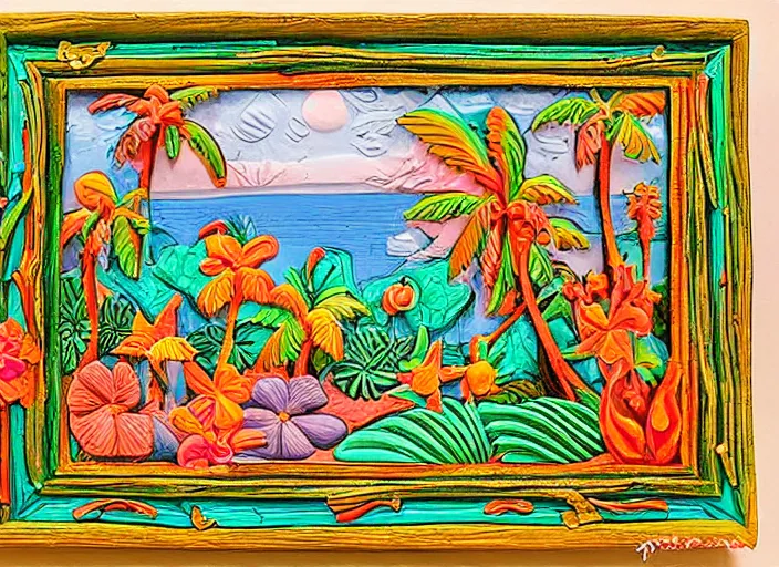 Image similar to colorized stylized bas relief sculpture of a tropical paradise with a frame in mexico folk art style