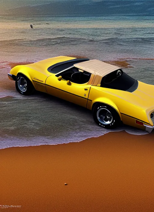 Image similar to a miniature of a yellow 1979 stingray corvette at the beach at sunset, t-top, convertable,digital art,detailed,ultra realistic,art by greg rutkowski