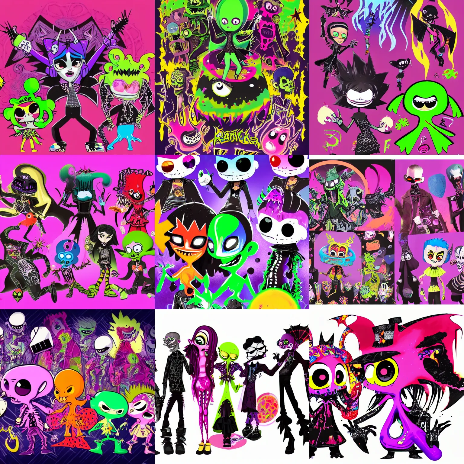 Prompt: lisa frank gothic punk vampiric rockstar vampire squid concept character designs of various shapes and sizes by genndy tartakovsky and the creators of fret nice at pieces interactive and splatoon by nintendo and the psychonauts by doublefine tim shafer artists for the new hotel transylvania film
