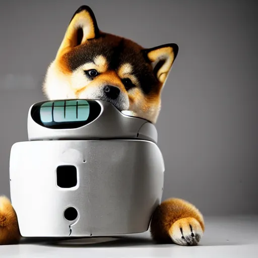 Prompt: doge the shiba - inu as a futuristic robot made of metal and carbon - fiber, in a sunny suburban living - room.