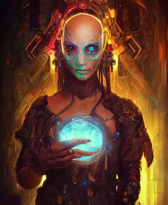 Image similar to portrait of a cyberpunk masked evil, half body, glowin eyes, d & d, fantasy, intricate, elegant, highly detailed, colorful, vivid color, digital painting, artstation, concept art, art by artgerm and greg rutkowski and alphonse mucha and ruan jia