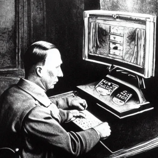 Image similar to hitler using a computer, realistic, detailed by da vinci