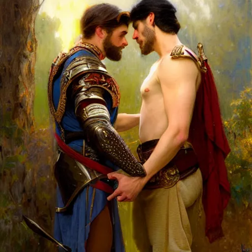 Image similar to attractive fully clothed king confesses his love for his attractive fully clothed male prince. highly detailed painting by gaston bussiere, craig mullins, daniel f. gerhartz, j. c. leyendecker 8 k