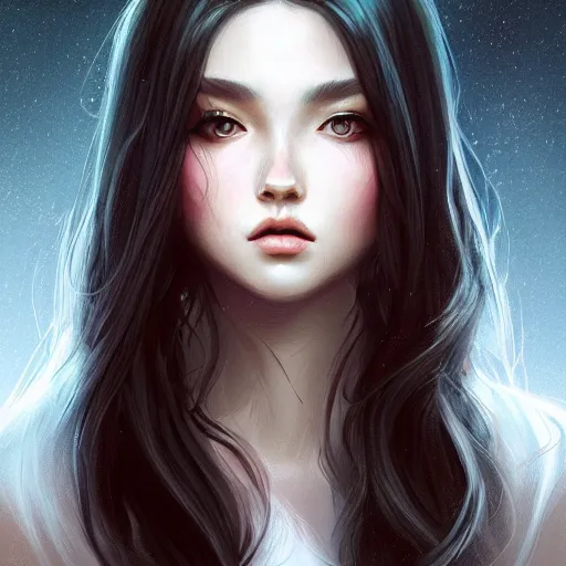 Image similar to teen girl, long black hair, gorgeous round face, brown pollover, amazing, elegant, intricate, highly detailed, digital painting, artstation, concept art, sharp focus, illustration, art by ross tran