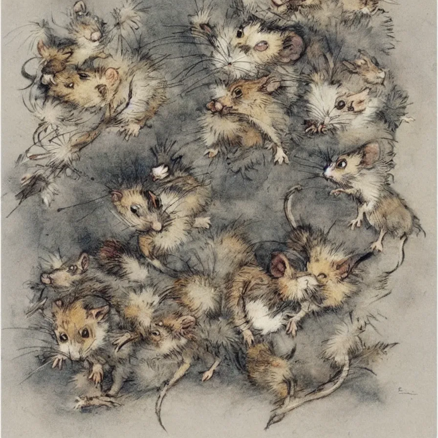 Prompt: Louis Icart, an old elaborate colored drawing of adorable little rats by Louis Icart, highly detailed, masterpiece