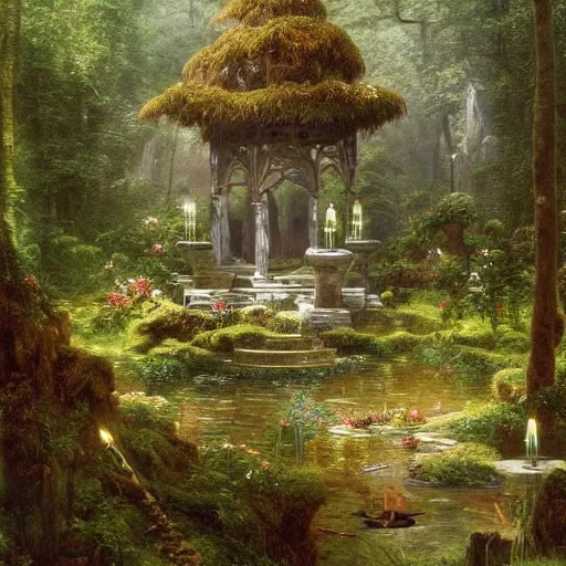 Image similar to a beautiful and highly detailed matte painting of a magical wishing well in a fantasy garden in a lush forest deep in the mystical mountains, intricate details, epic scale, insanely complex, 8 k, sharp focus, hyperrealism, very realistic, by caspar friedrich, albert bierstadt, james gurney, brian froud,