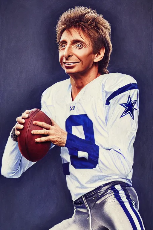 Prompt: Barry Manilow as the Quarterback of the Dallas Cowboys, oil on canvas, intricate, portrait, 8k highly professionally detailed, HDR, CGsociety