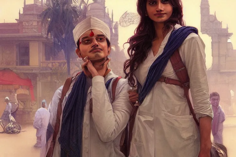 Image similar to Anxious good looking pale young Indian doctors wearing American clothes outside a hospital, portrait, elegant, intricate, digital painting, artstation, concept art, smooth, sharp focus, illustration, art by artgerm and greg rutkowski and alphonse mucha