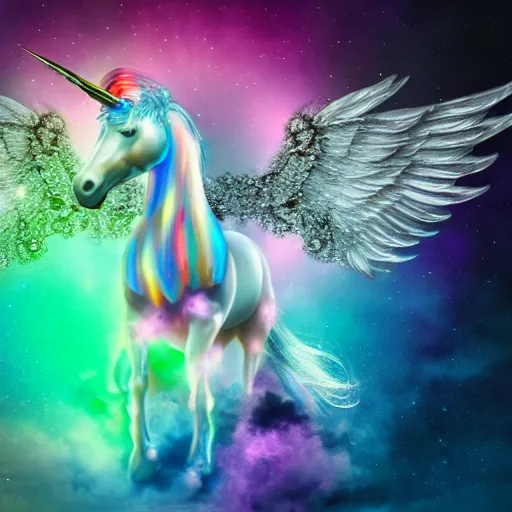 Image similar to 8 k capture scan of a iridescent unicorn with wings dancing in a garbage dump, the sky has the milky way, high textured, conceptual, intricate detailed photography, illustration sharp