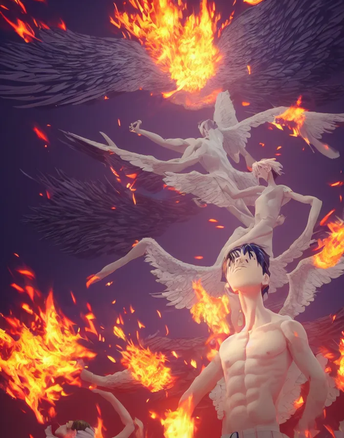 Image similar to fallen angels cast out of heaven by yusuke murata and makoto shinkai, fireballs, smoke, embers, meteors, angels, god rays, 8k, cel shaded, unreal engine, featured on artstation, pixiv