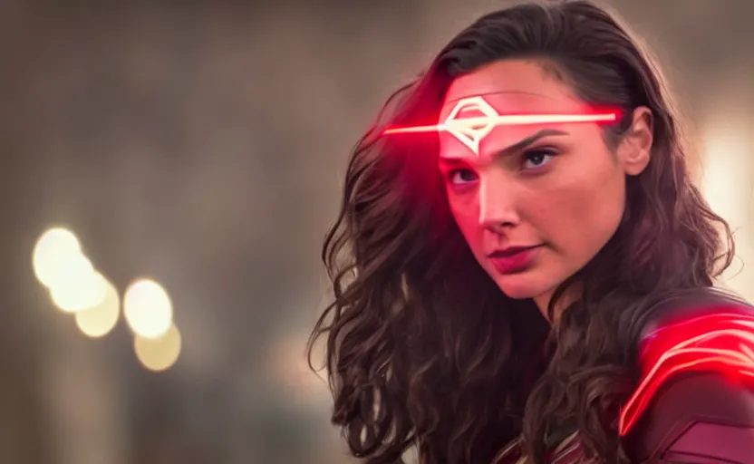 Prompt: Gal Gadot as Scarlet Witch, Cinematography by Roger Deakins, 4k, ultra wide, f1.8 anamorphic, bokeh, 4k,