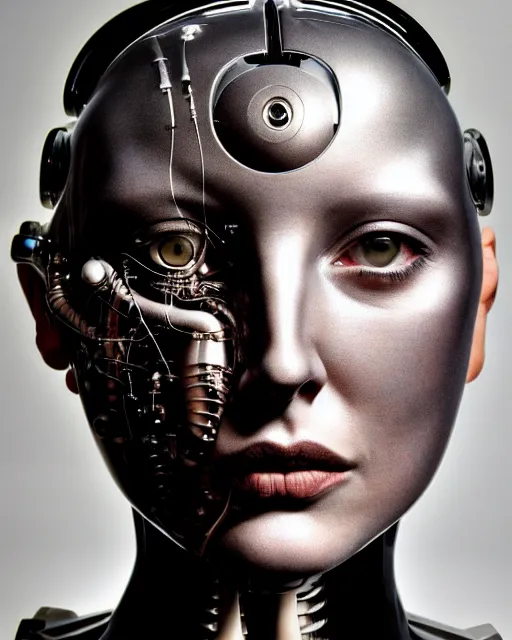 Image similar to a beautiful young female cyborg profile face, by h. r. giger, by kiki smith, glamor shot, nikon d 7 5 0, closeup, f / 2. 8, low contrast, 1 6 k, rim lighting, cinematic lighting, insanely detailed and intricate, hypermaximalist, elegant, ornate, hyper realistic, super detailed