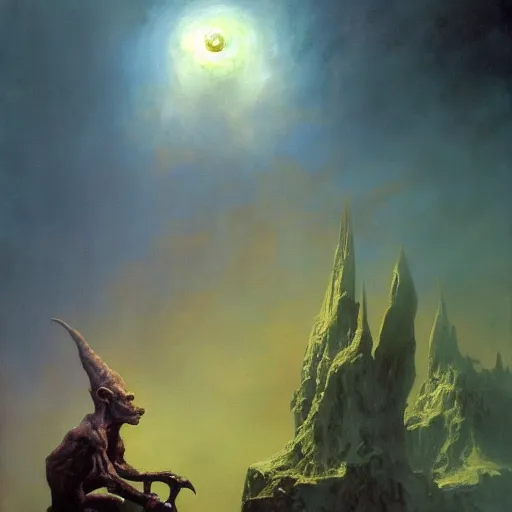 Image similar to beautiful realistic fantasy painting of a goblin with metal hurlant, by Frazetta and Beksinski, volumetric lighting, trending on art station, polarizer filter