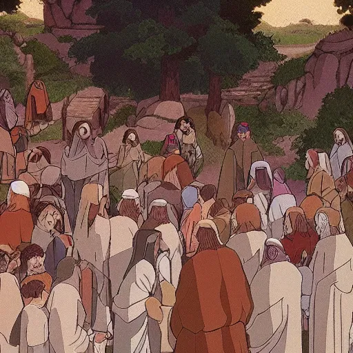 Prompt: the life of jesus christ by studio ghilbli | still of studio ghibli film | beautifully detailed | jesus enters jerusalem