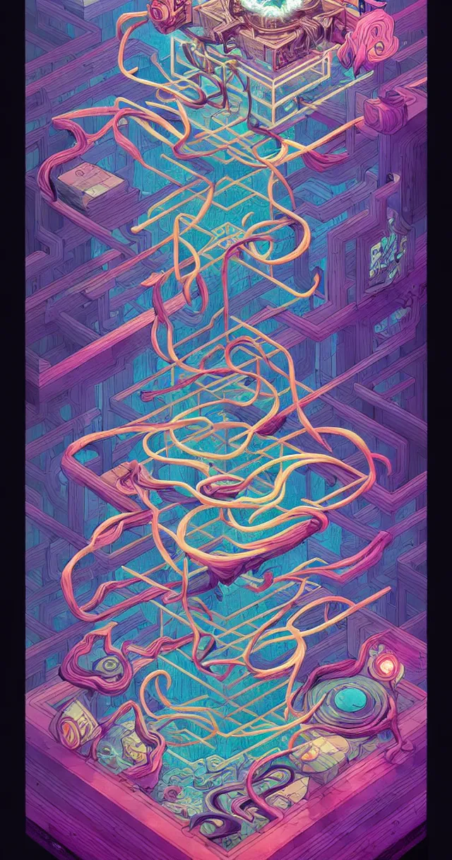 Image similar to arcane twisted turn of fate abstraction, centered award winning ink pen illustration, isometric abstract illustration by dan mumford, edited by craola, technical drawing by beeple and tooth wu, tiny details by artgerm and watercolor girl, symmetrically isometrically centered