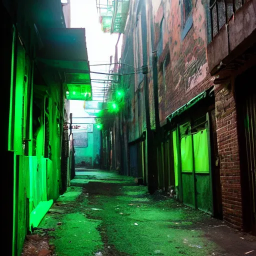 Image similar to an alleyway in a slum with green lighting in the style of arcane