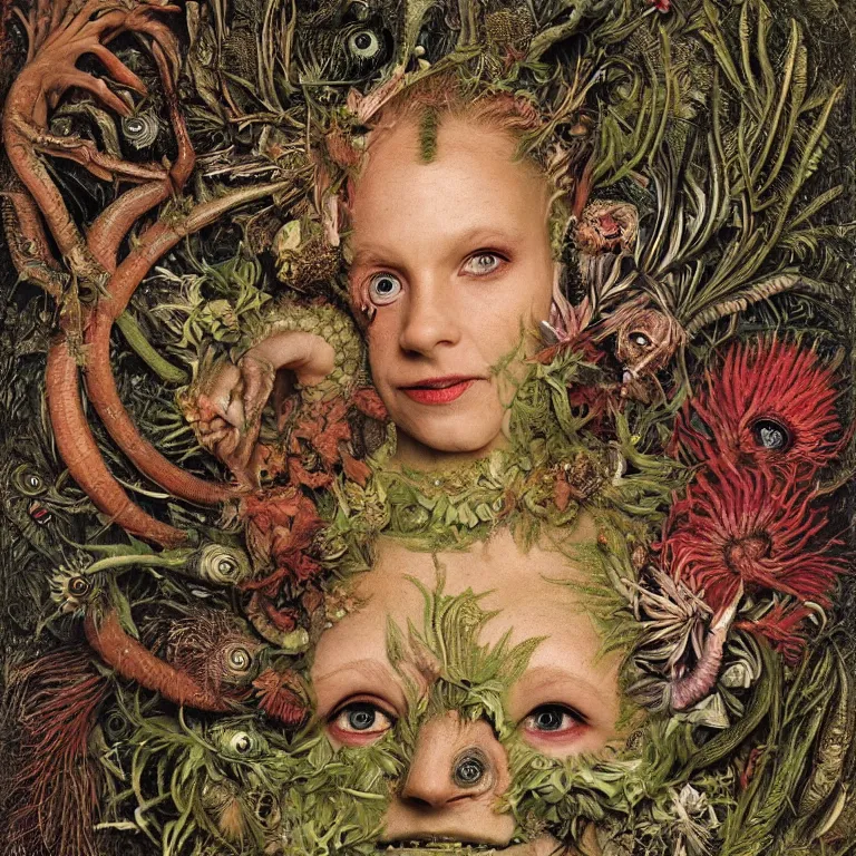 Image similar to a fish eye lense photograph of a grinning alien dryad with goat pupils transforming herself into a beast. her skin is covered in scales and feathers. flowers surround her body. painted by jan van eyck, max ernst and ernst haeckel, trending on artstation, 8 k, award winning, hard lighting, photorealistic painting