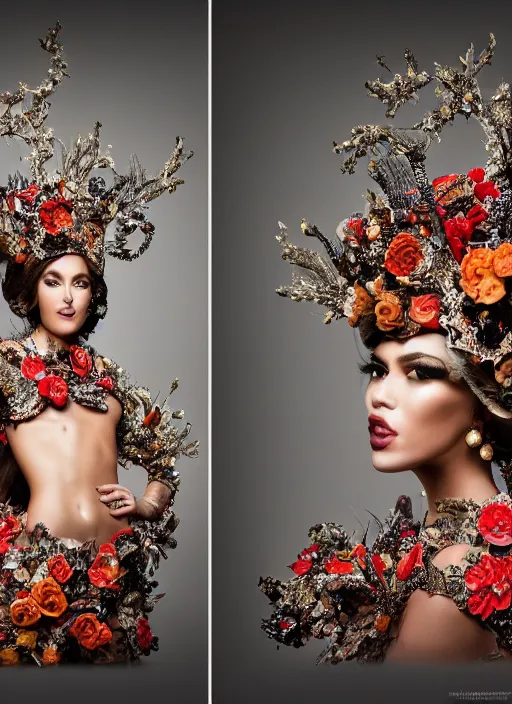 Prompt: full body environmental portrait photo of a miss universe in creative costume, ornate headpiece made from flowers, ornaments, glamour shot by lindsay adler and stefan gesell, photorealistic, canon r 3, fashion photography, hyper maximalist, sharp focus, ornate, elegant, luxury and elite, symmetrical features, octane render, unreal engine, solid dark grey background, dramatic lights