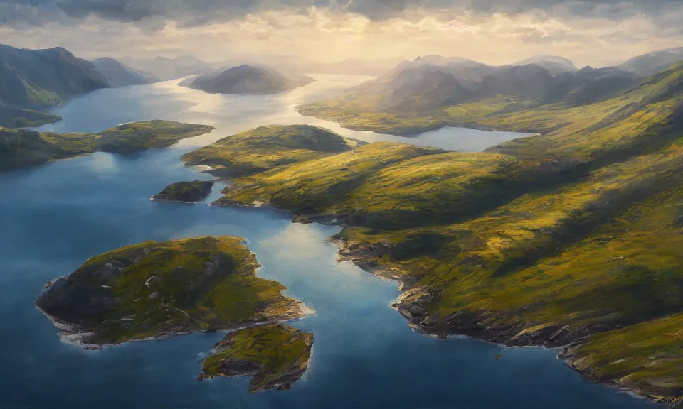 Prompt: nordic fjord, summer morning light, aerial view, beautiful landscape, cinematic light, soft illumination, cinematic composition, wide - angle, atmospheric, oil painting, trending on artstation