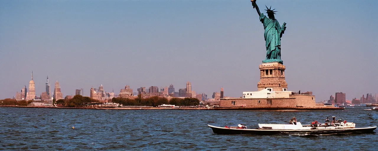 Prompt: a boat carrying spaghetti in new york, the statute of liberty in the background, canon 8 0 mm, photography, film, kodachrome