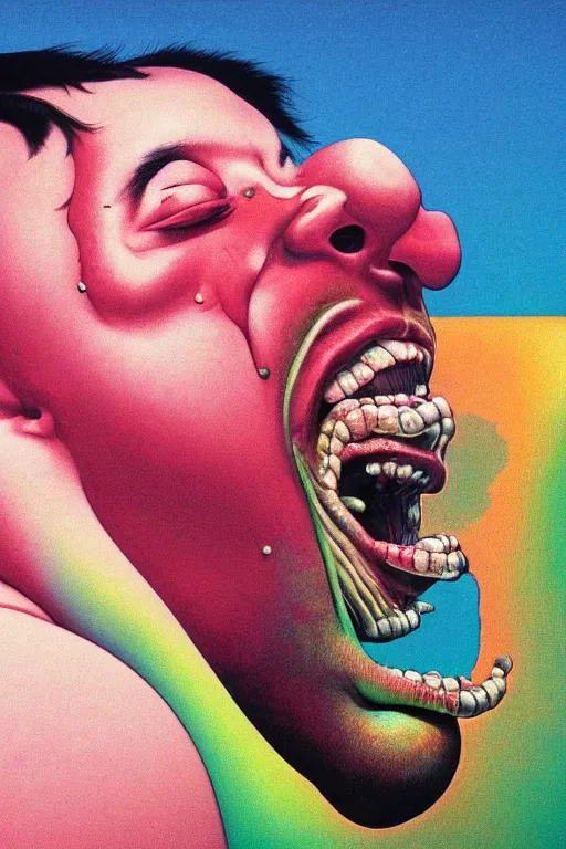 Prompt: a ultra-vibrant closeup portrait of a crazy man licking a tab of LSD acid on his tongue and dreaming psychedelic hallucinations, by kawase hasui, moebius, Edward Hopper and James Gilleard, Zdzislaw Beksinski, Steven Outram colorful flat surreal design, hd, 8k, artstation