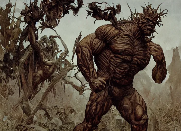 Image similar to renaissance grotesque full body portrait painting of angry bodybuilder swamp thing walking to the camera, camera puller back far, in a plane crash wasteland, landfill, elegant artwork by lee bermejo and greg rutkowski and alphonse mucha