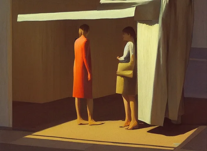 Image similar to woman wearing paper bags for clothes standing inside paper bags at store display Edward Hopper and James Gilleard, Zdzislaw Beksinski, highly detailed