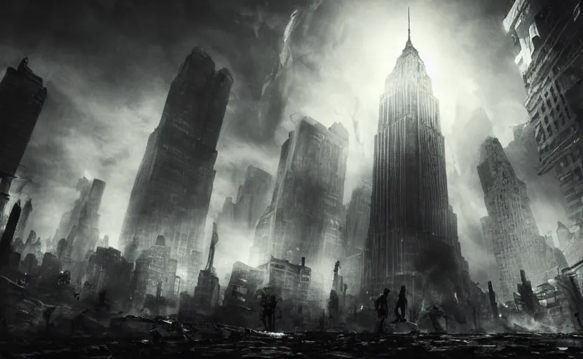 Prompt: an epic extraterrestrial battle in new york city, in the style of the abyss, epic scene, extremely detailed masterpiece, extremely moody lighting, glowing light and shadow, atmospheric, shadowy, cinematic, god lighting