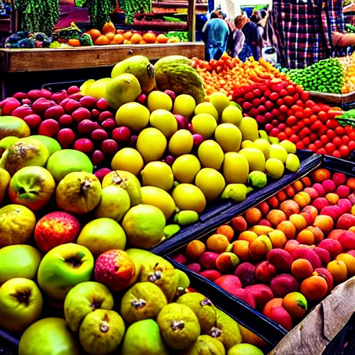 Image similar to uhd photorealistic produce stand selling half eaten fruit, uhd hyperdetailed photography