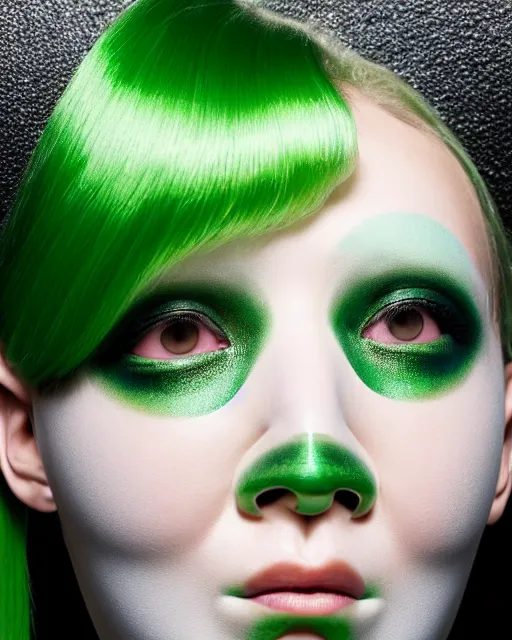 Prompt: symmetrical close - up portrait of a woman wearing a translucent silicone beauty mask and green hair, wearing a black bodysuit by alexander mcqueen, black background, soft diffused light, biotechnology, humanoide robot, bjork aesthetic, translucent, by rineke dijkstra, intricate details, highly detailed, masterpiece,