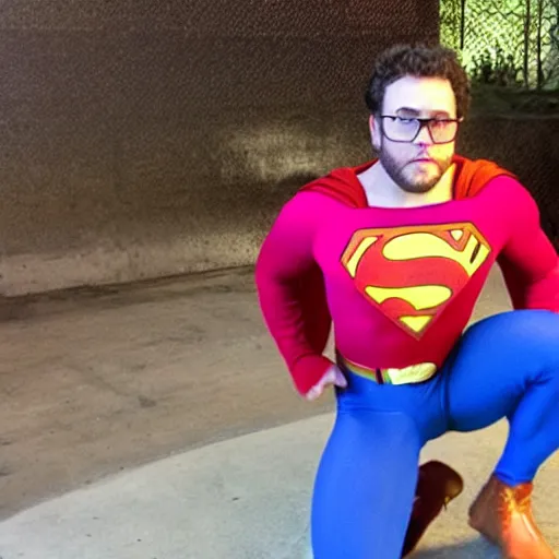 Prompt: Seth Rogan dresses as Superman, doing a squat