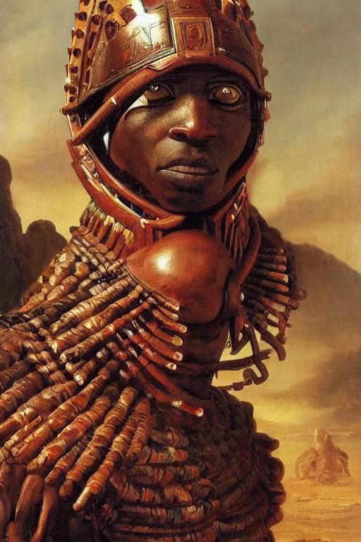 Image similar to a powerful and muscular male african warrior, tribal armour, realistic oil painting by Thomas Cole and Wayne Barlowe