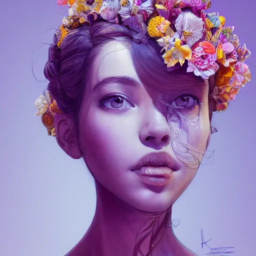 Image similar to the portrait of an absurdly beautiful, graceful, elegant young woman made of bananas and petals looking up, an ultrafine detailed illustration by kim jung gi, irakli nadar, intricate linework, bright colors, octopath traveler, final fantasy, angular, unreal engine 5 highly rendered, global illumination, radiant light, detailed and intricate environment