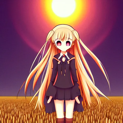 Image similar to anime illustration of Holo from Spice and Wolf standing in a wheat field at sunset, Holo is a wolf girl, high detail, trending on pixiv