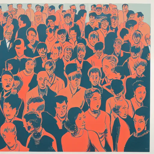 Image similar to screen printing, gouache by toshio saeki, by asger jorn dynamic. a beautiful installation art of a group of people standing in a line. they are all facing the same direction & appear to be waiting for something.