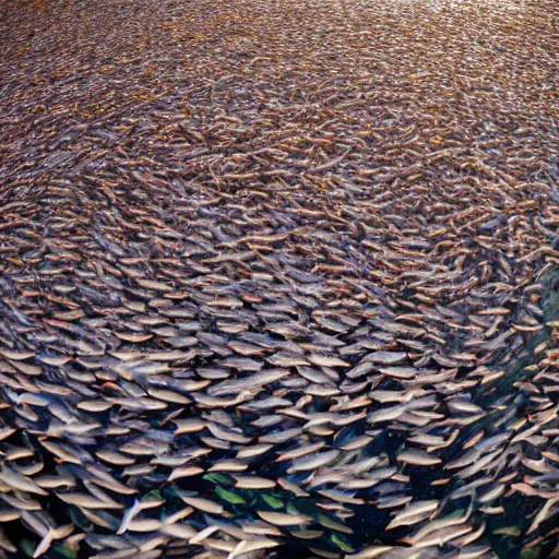 Prompt: a million fish forming a big tidal wave, bright daylight