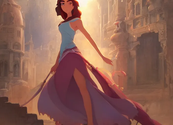 Image similar to full body portrait character concept art, oil painting anime key visual of princess jasmine, studio lighting delicate features finely detailed perfect face directed gaze, at an ancient city, gapmoe yandere grimdark, trending on pixiv fanbox, painted by greg rutkowski makoto shinkai takashi takeuchi studio ghibli