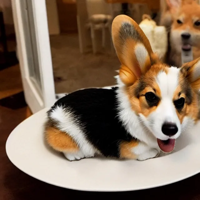 Image similar to a cute corgi lives in a house made of sushi