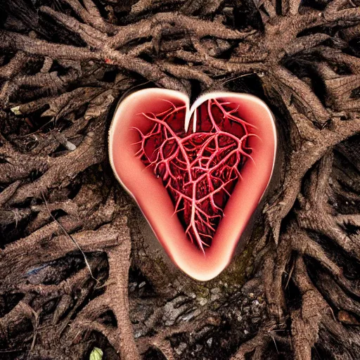 Prompt: photograph of an anotomicallt cotrect human heart sitting on the ground in a forest of dead trees